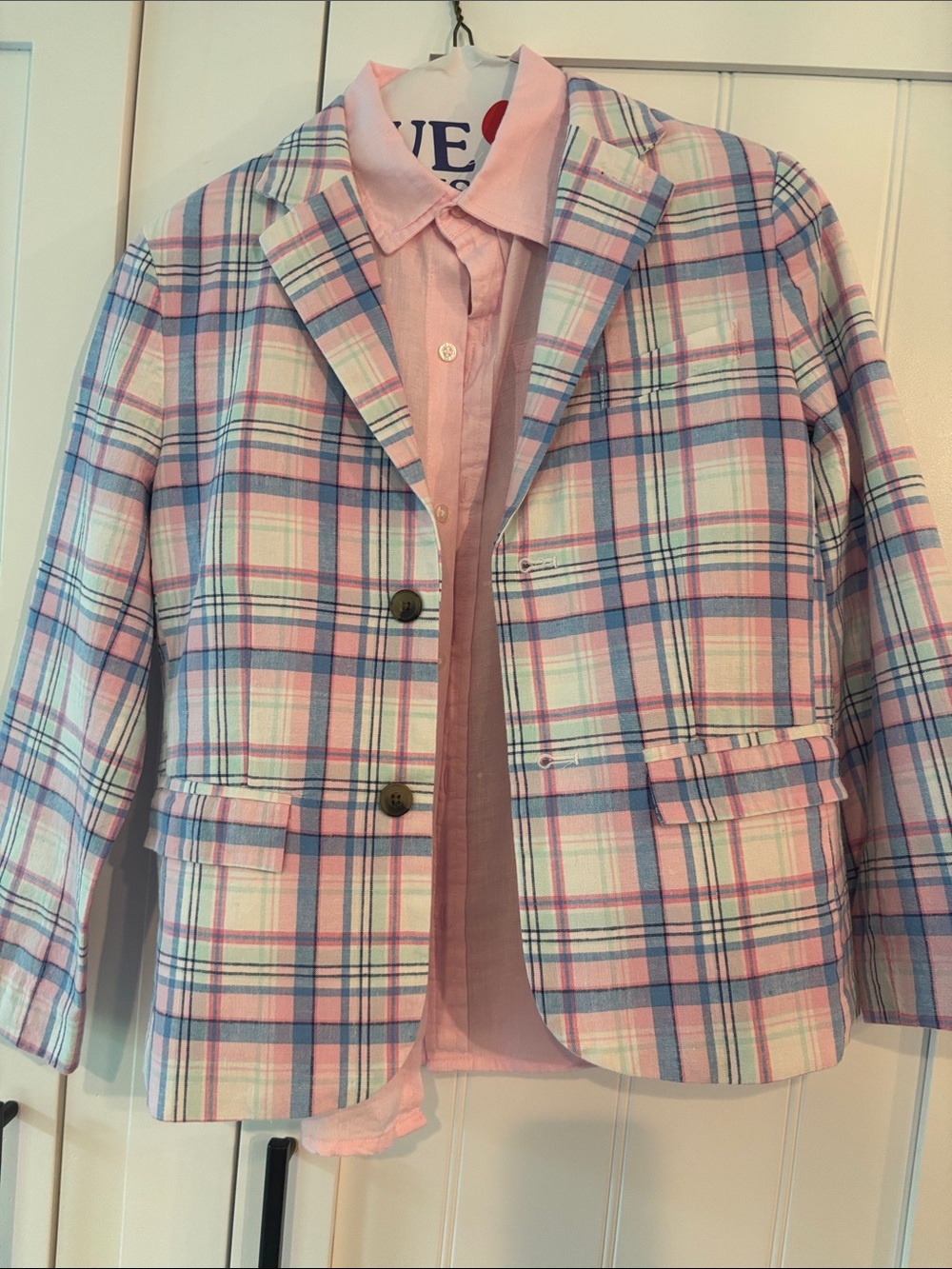 Janie and Jack Pink and Blue Plaid Blazer, Linen Shirt Size 8 and Size 7 shorts